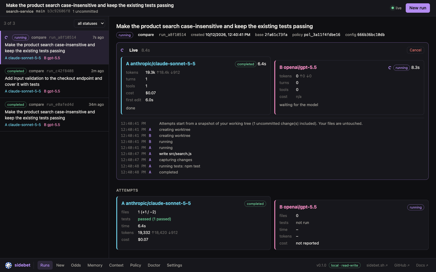 Sidebet web UI while a compare is running: a live panel with one card per attempt showing elapsed time, tokens, turns, tool calls, cost and current activity, with a cancel button and an event log